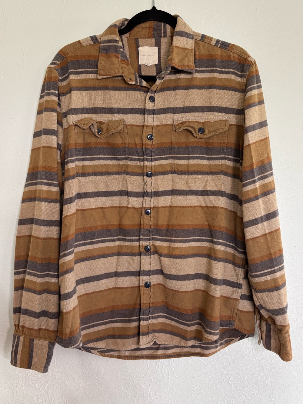American Eagle Striped Button-Up Shirt in Tan and Brown